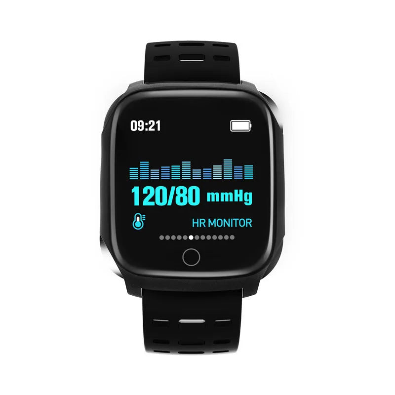 F16 smart watch with ECG monitor showing blood pressure and heart rate tracking on 43mm IPS display