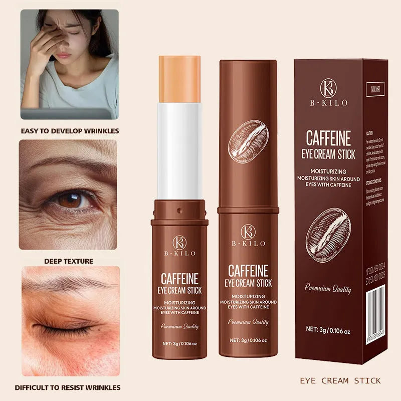 Caffeine Eye Cream Stick in a white tube applicator for under-eye dark circles and fine lines.