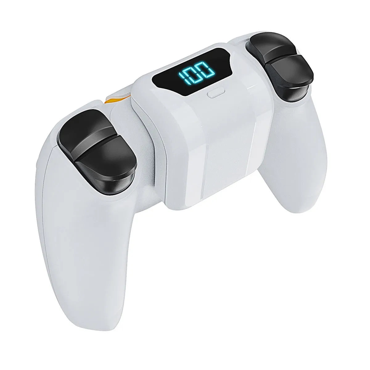 White PS5 handle back battery pack with LED display attached to a gamepad