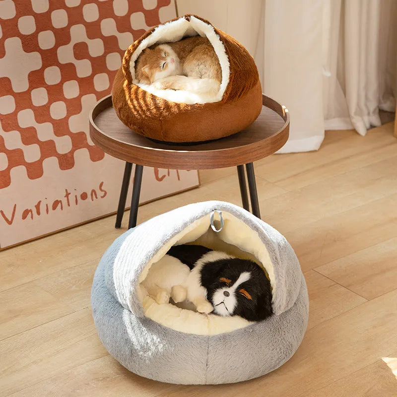 Universal kennel semi-closed sleeping cat nest dog house plush fabric in coffee colour 40cm size