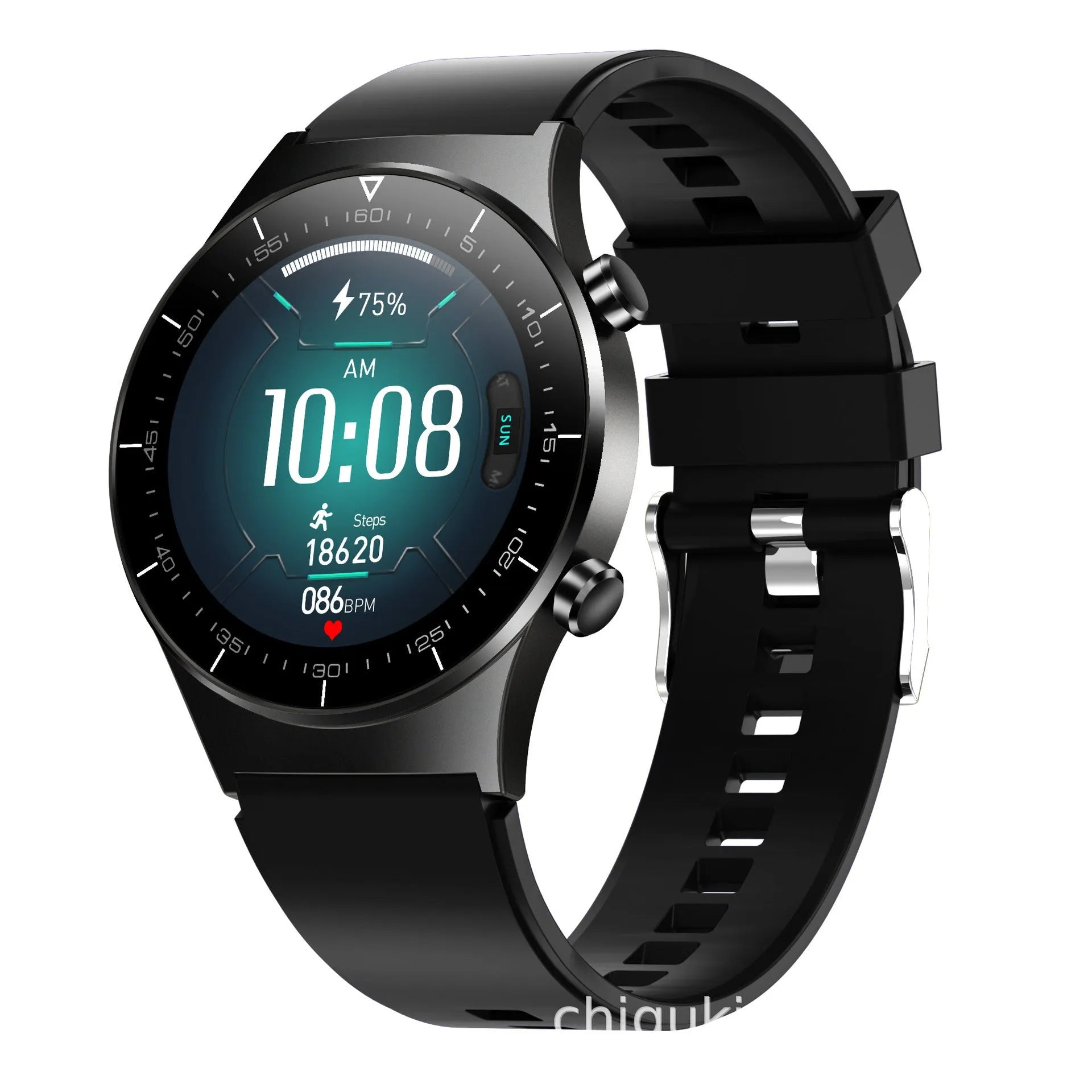 Black smart watch with astronaut bracelet on wrist, showing a 1.28-inch touchscreen displaying heart rate data.