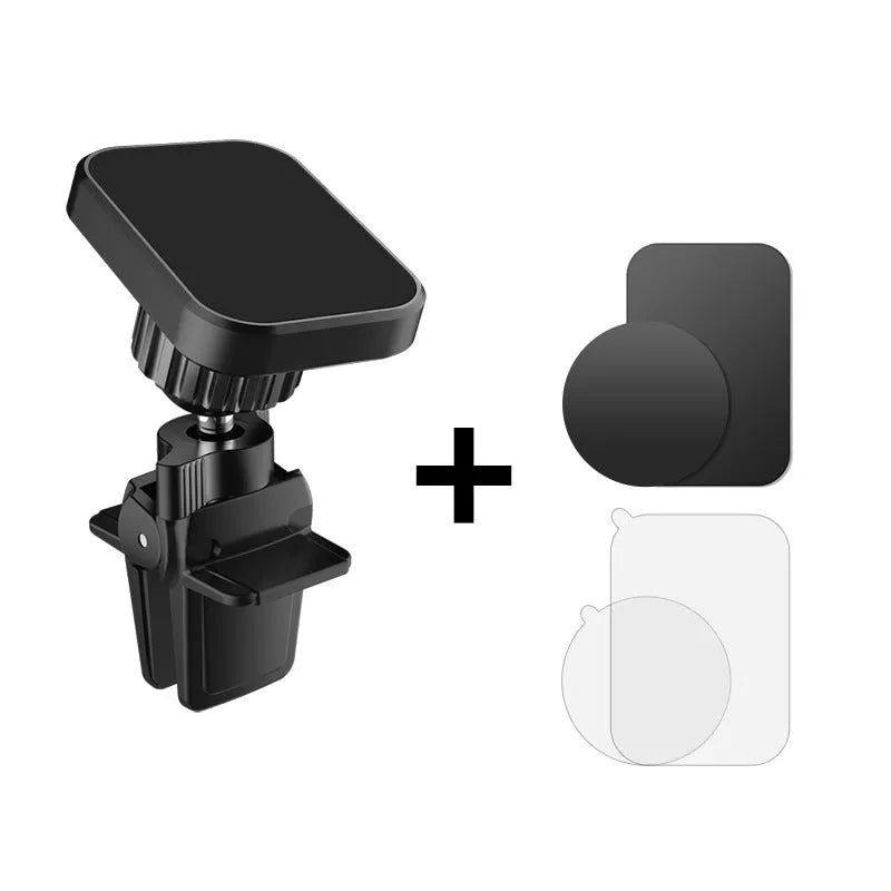 Magnetic car phone holder mounted on air vent with smartphone attached