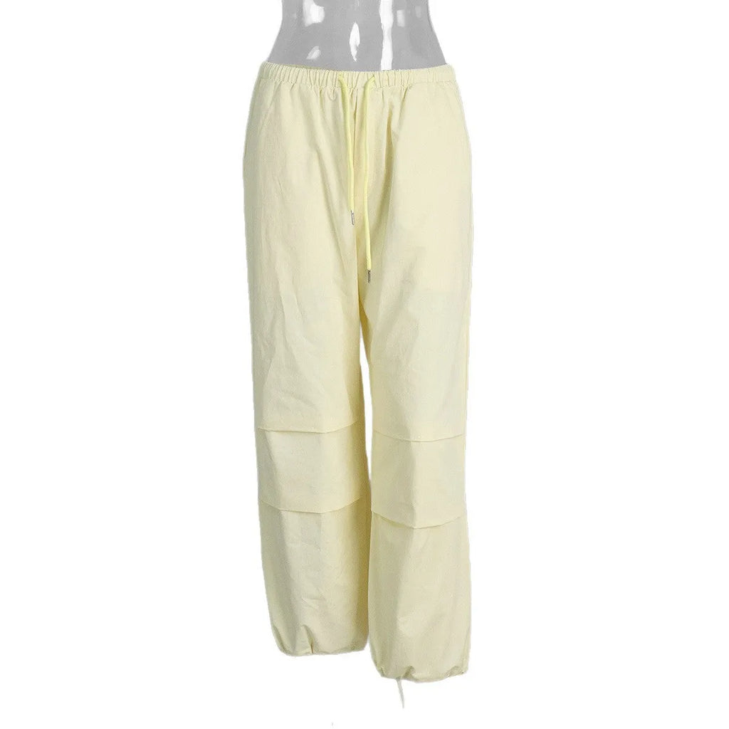 Yellow women's drawstring trousers, mid-waist straight-leg work clothes style, sizes S M L