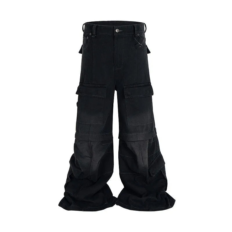 Detachable washed-out multi-pocket cotton overalls in blue, showing zip placket and pockets.