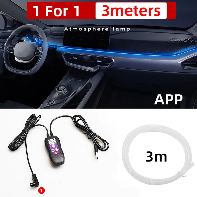 Car interior LED atmosphere lighting strip with colourful colour changing effects installed along dashboard