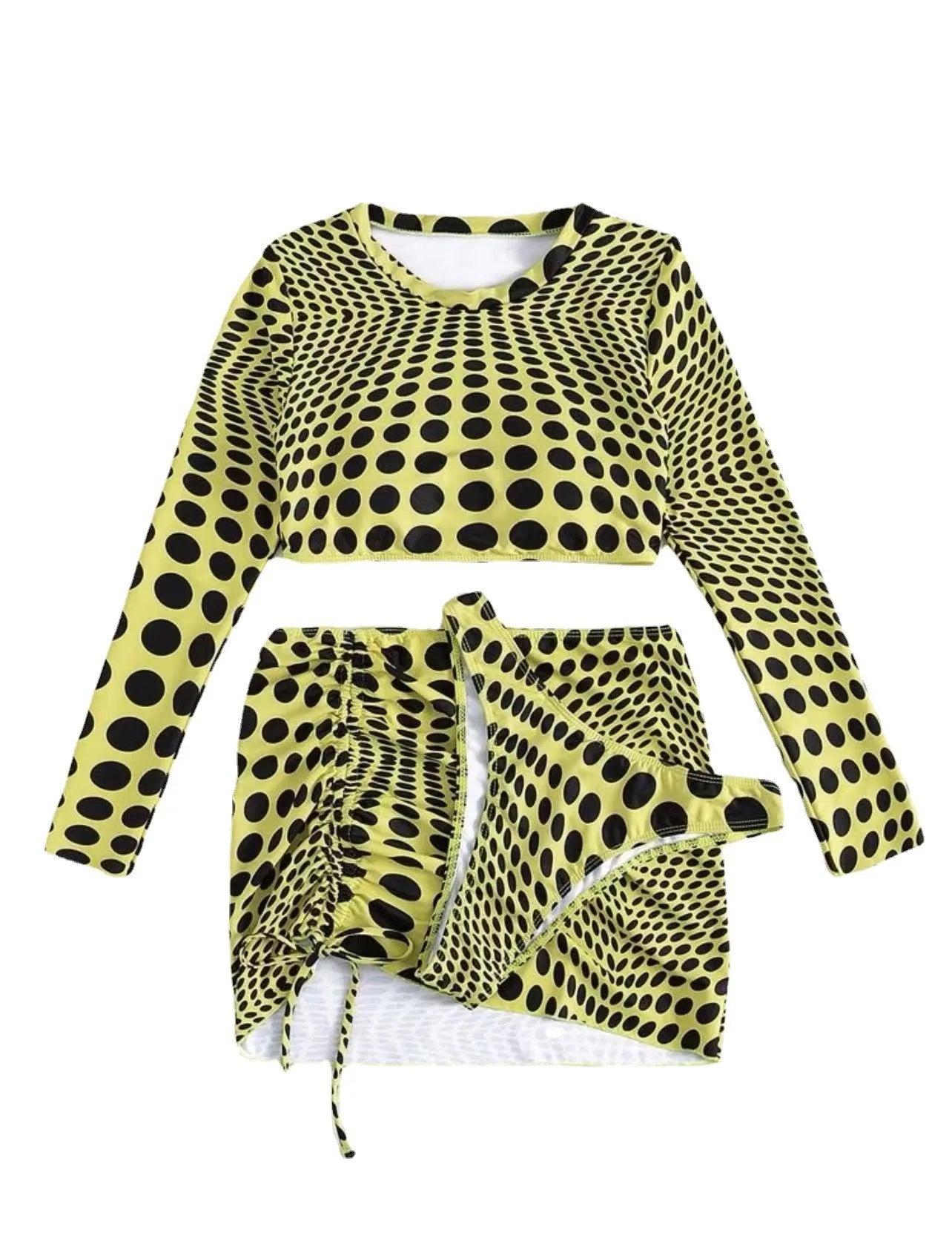 Green and yellow polka dot women's swimsuit three-piece set showing top, skirt, and bra