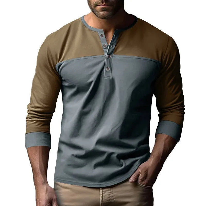 Man wearing a retro-style brown long-sleeve henley collar casual shirt.