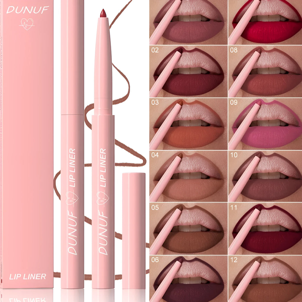 Set of twelve velvet matte lip liner pencils in a range of colours, shown with swatches.