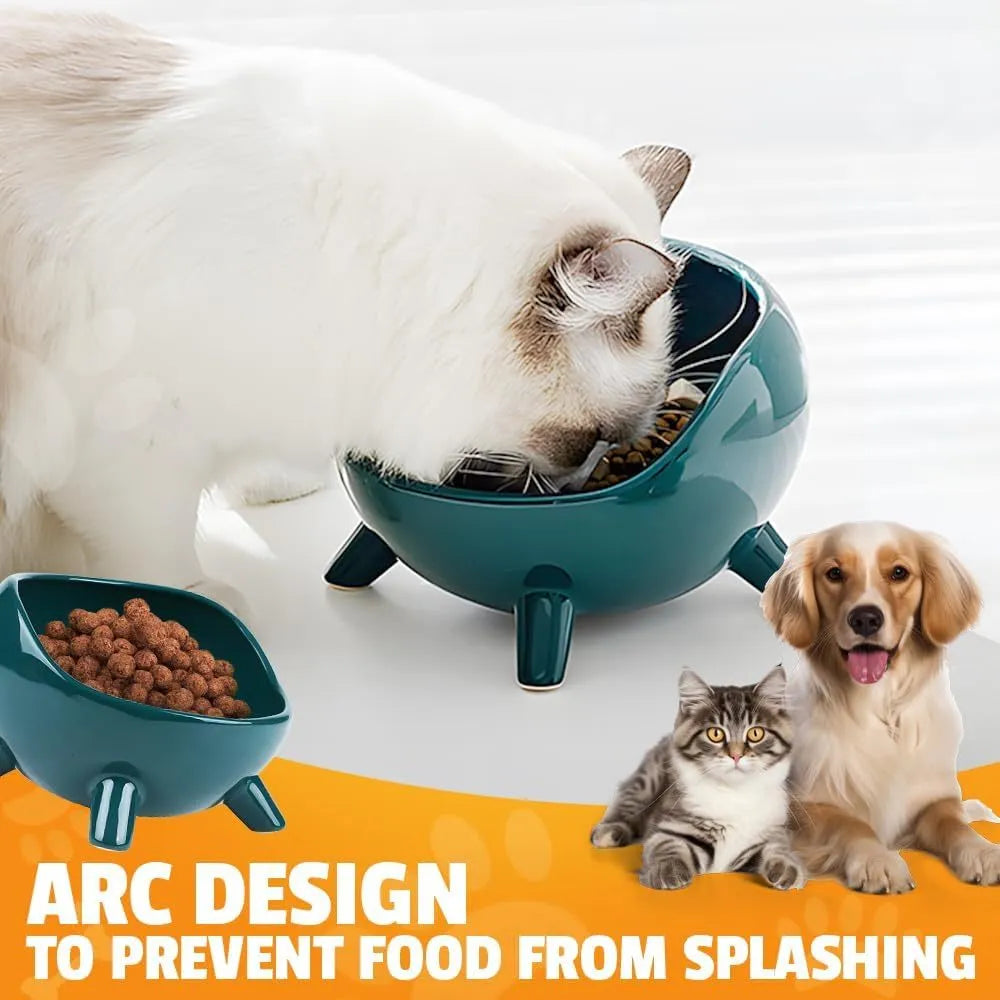 Green ceramic pet bowl with four legs and rounded splatter guard for cats and small dogs