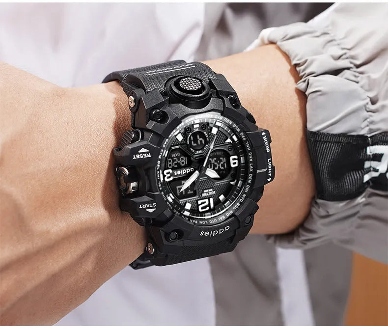 Men's black and red dual display sports watch with analogue hands and digital screen on a plastic strap.