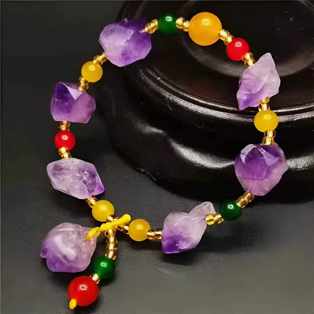 Natural shaped purple amethyst bead bracelet for women featuring a Fu character design element.