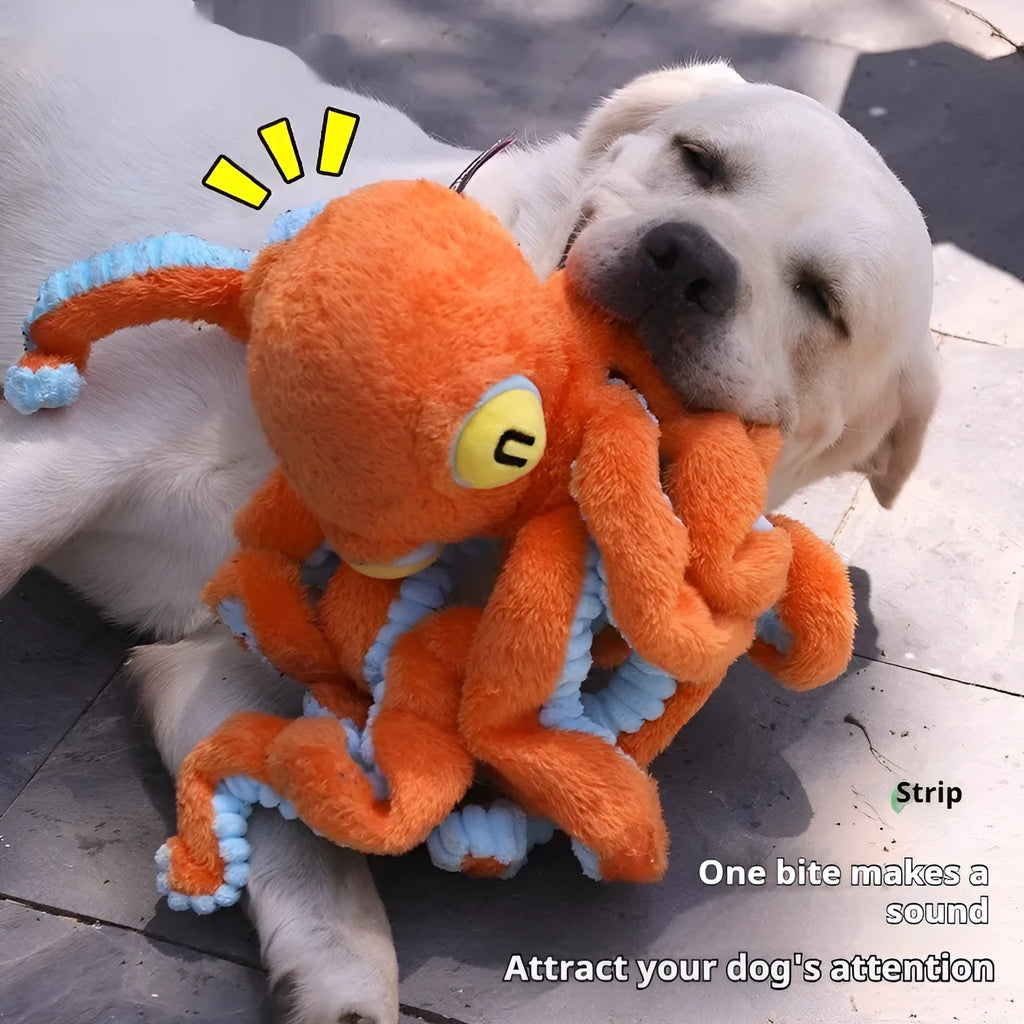 Plush octopus interactive dog pull toy for medium to large dogs, available in blue or orange, with pull-cord design for tug play.