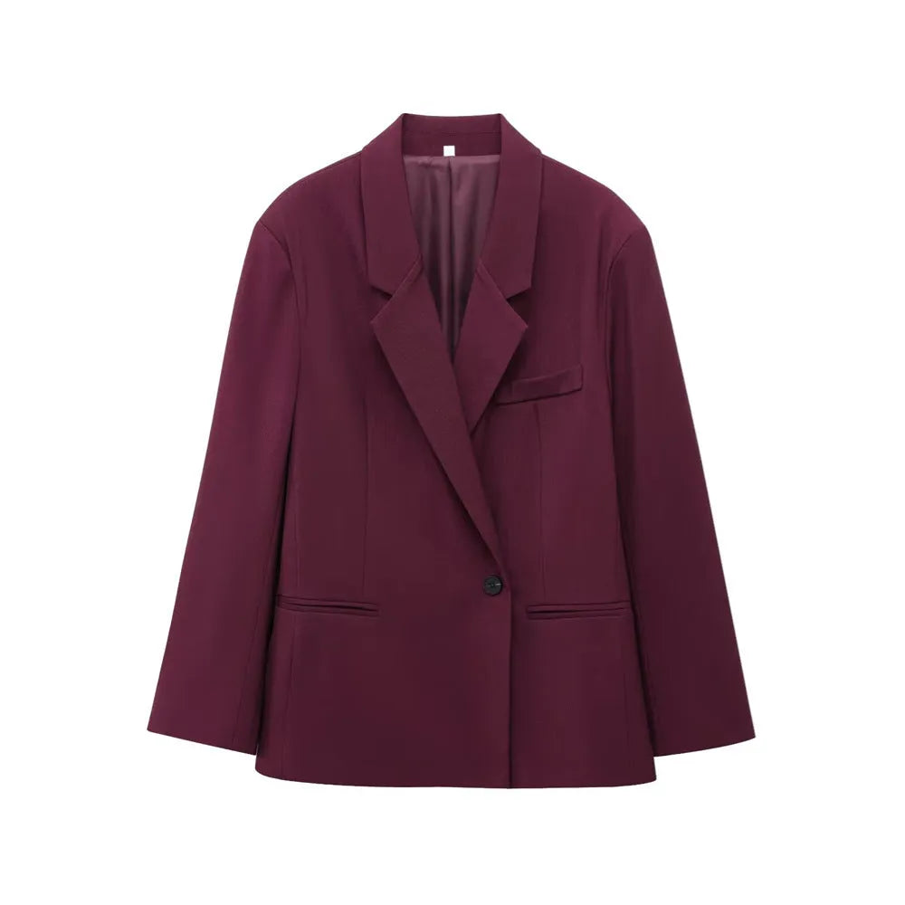 Women's double-breasted loose casual suit coat in solid red polyester with regular sleeves, sizes XS to L