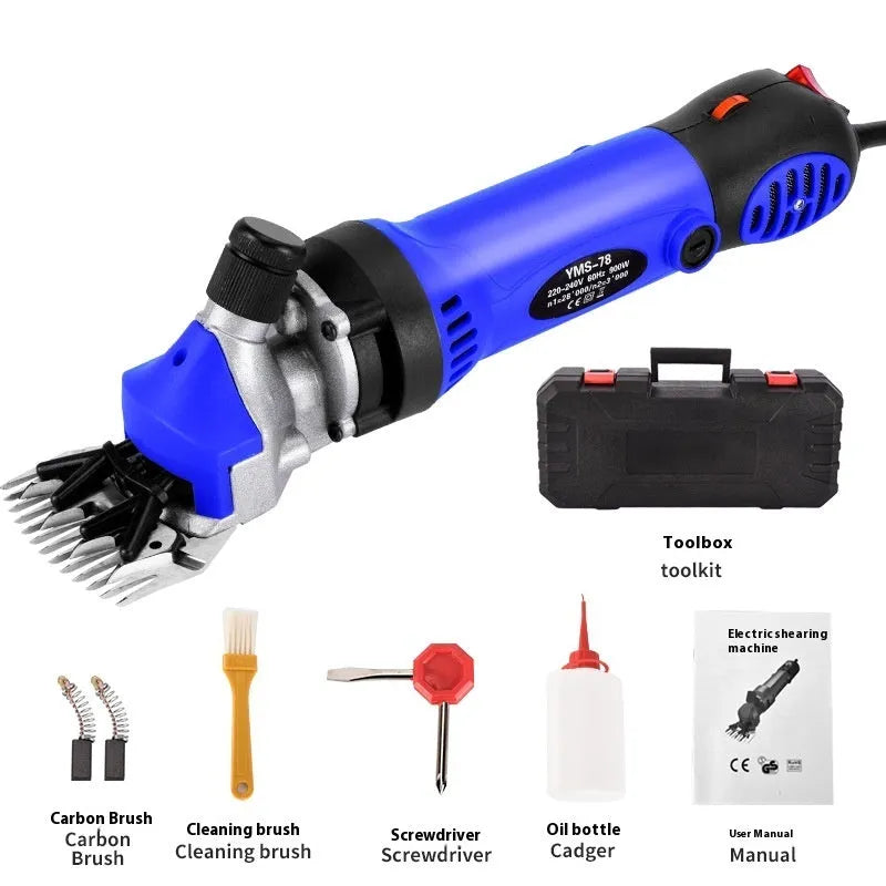 Yellow handled electric wool clipper with blades and maintenance tools in a plastic case