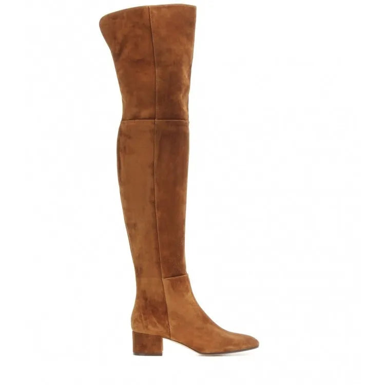 Grey suede women's flat over the knee boots with a pointed toe and thick low rubber sole.