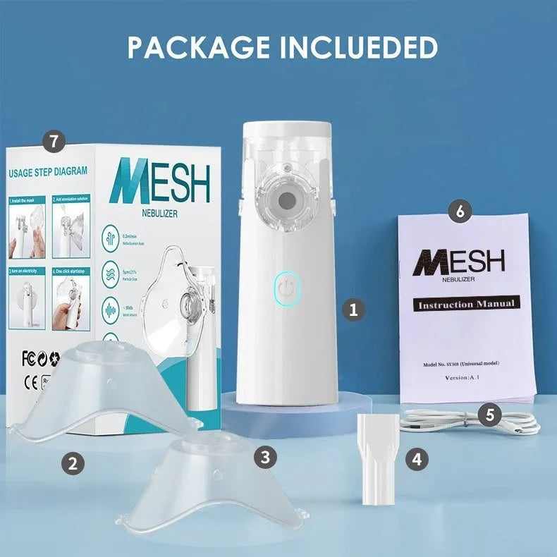 White neutral SY308 portable compressed micro-mesh nebulizer with bilateral masks and power cord on flat surface