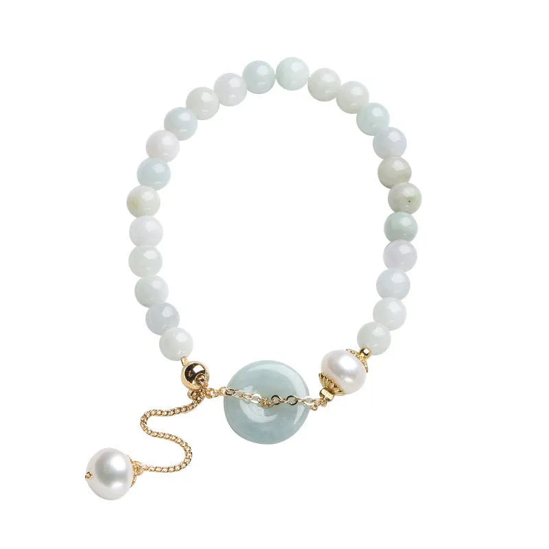 Natural emerald jade peace buckle pearl bracelet with round pendant and geometry clasp