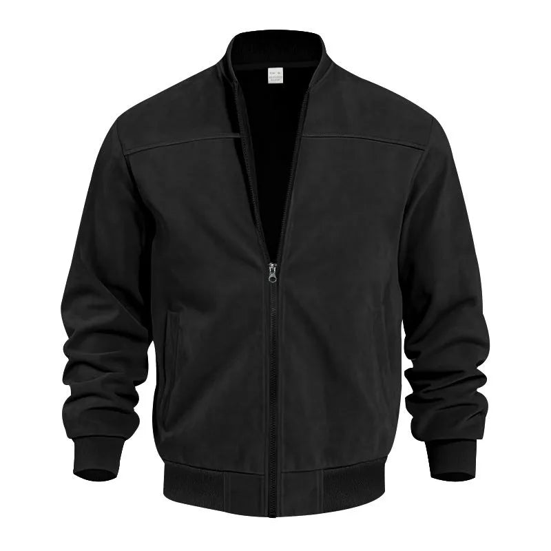 Man wearing a khaki suede casual zipper jacket with a regular fit.