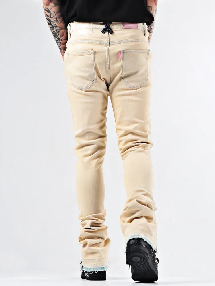 Elastic Youth Heavy Duty Flare Jeans in apricot cotton stretch denim medium high waist stone wash