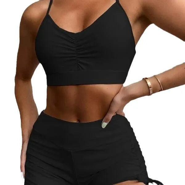 Women's black and violet high waist split bikini swimsuit for surfing and swimming.