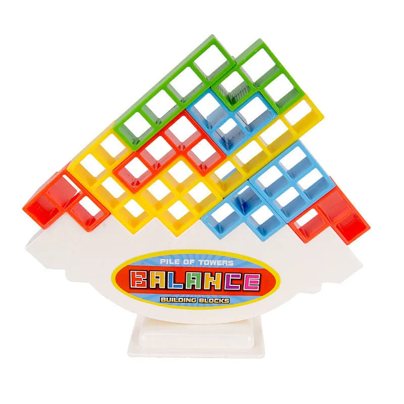 Plastic balance stacking game with 16 colourful building blocks on 26.5cm square chassis