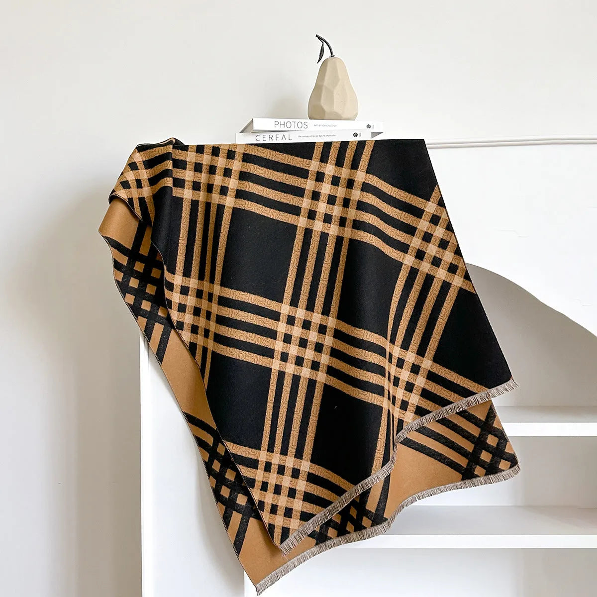 Long brown imitation cashmere scarf with tassel ends laid flat showing its full 185cm length.