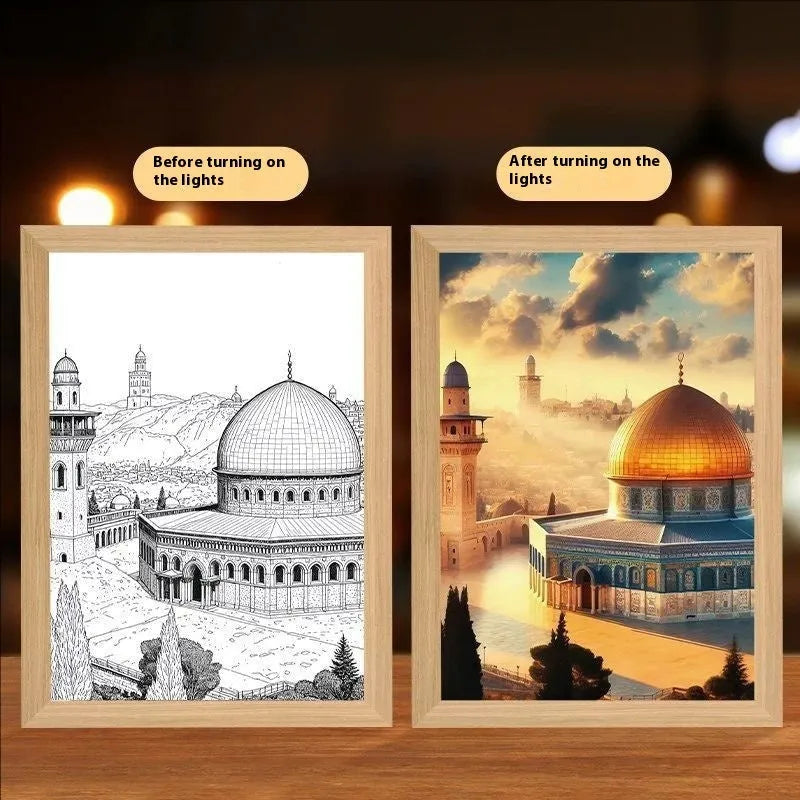 Rectangular LED digital picture frame displaying spiritual artwork with handmade construction