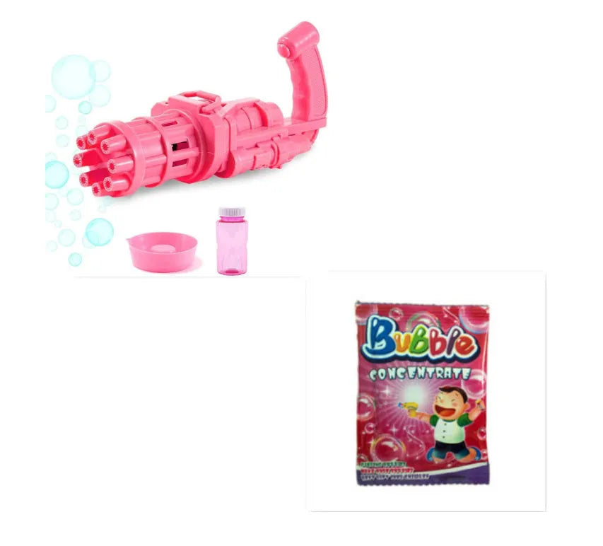 Kids bubble machine gun toy in pink, gold, or black colours with battery compartment and bubble solution