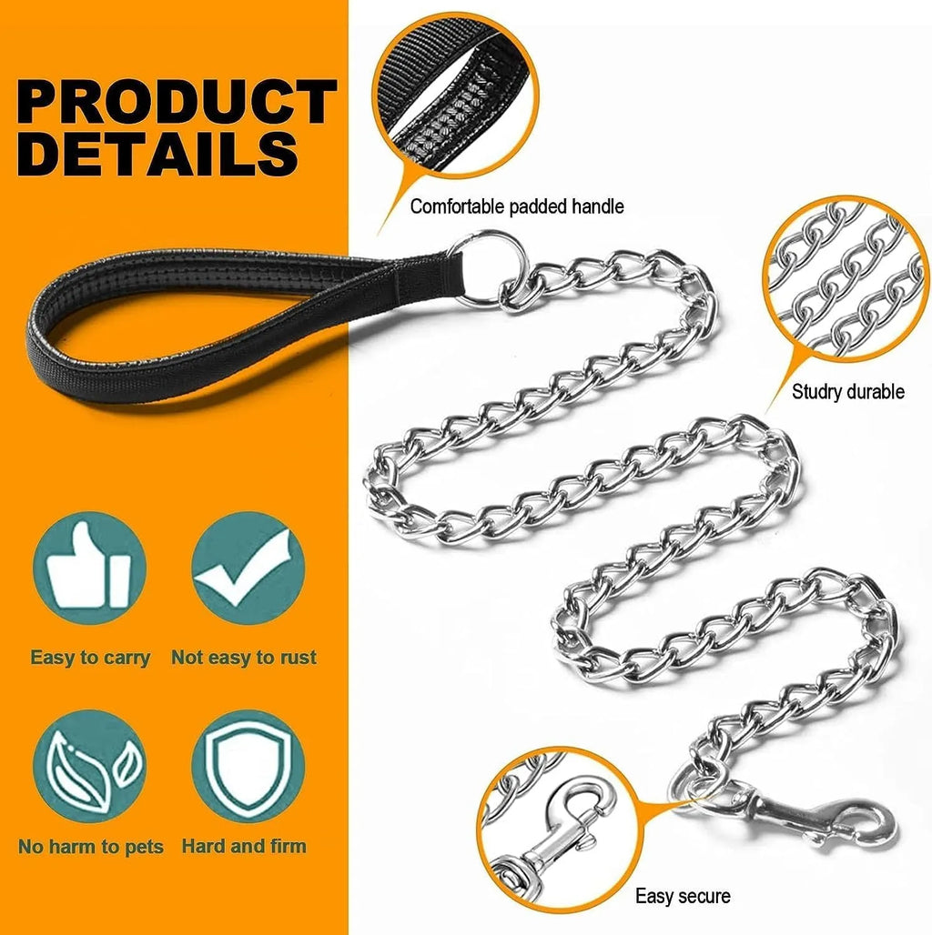 Heavy duty black metal dog leash with soft blue padded handle for large dogs