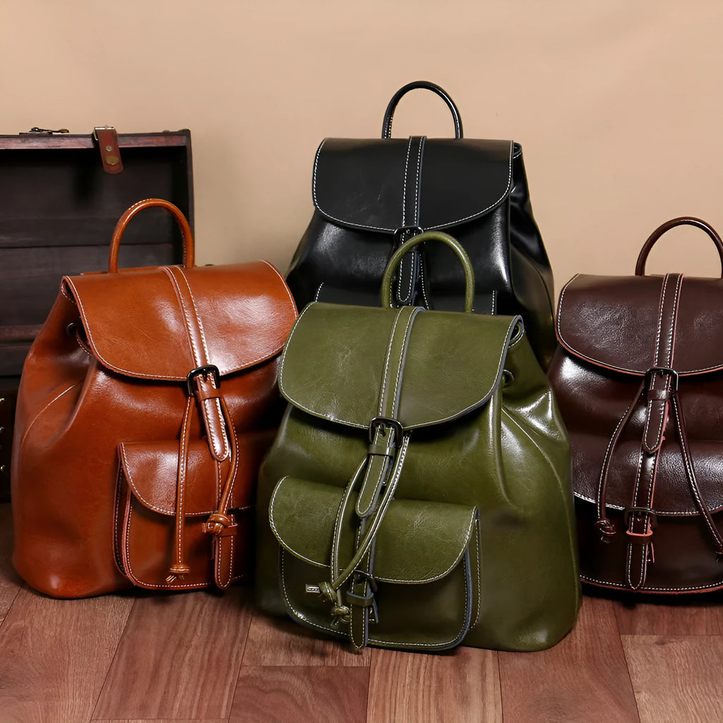 Genuine leather Korean-style backpack with cowhide pocket and pull-belt in Black, 28x30x12cm