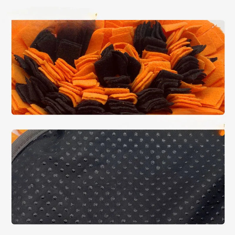 Orange pumpkin-shaped dog sniffing mat with a textured fur-like surface for slow feeding and enrichment.