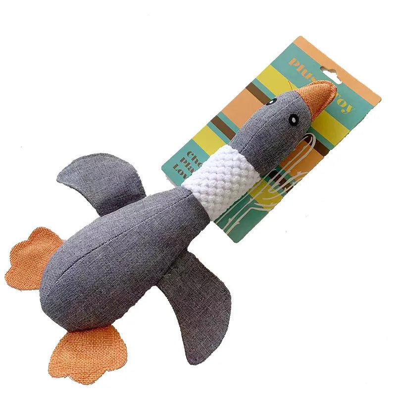 Blue, green or grey duck-shaped plush dog toy with two squeakers.