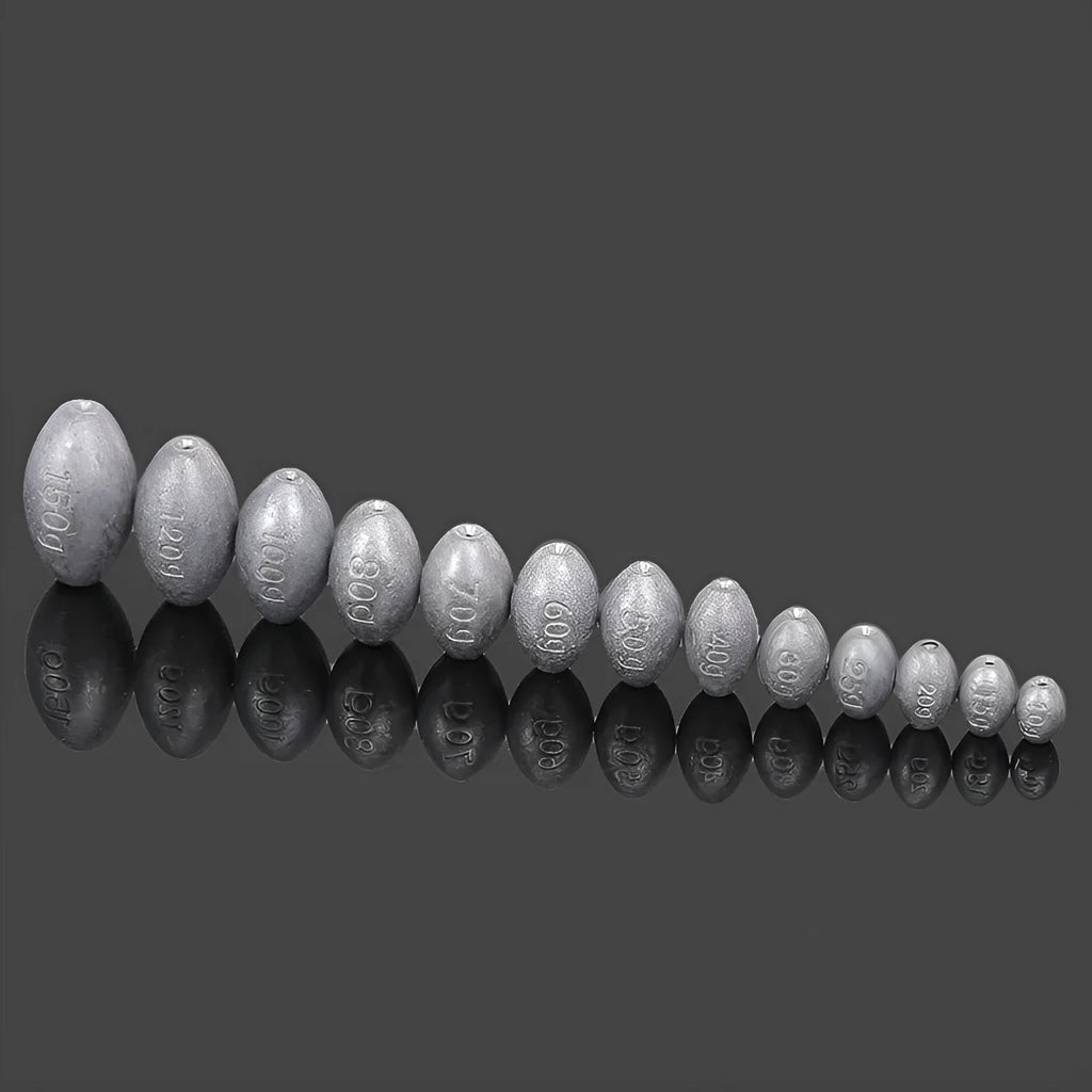 Scale pattern tongxin olive lead fishing sinker with plastic core in rugby shape.