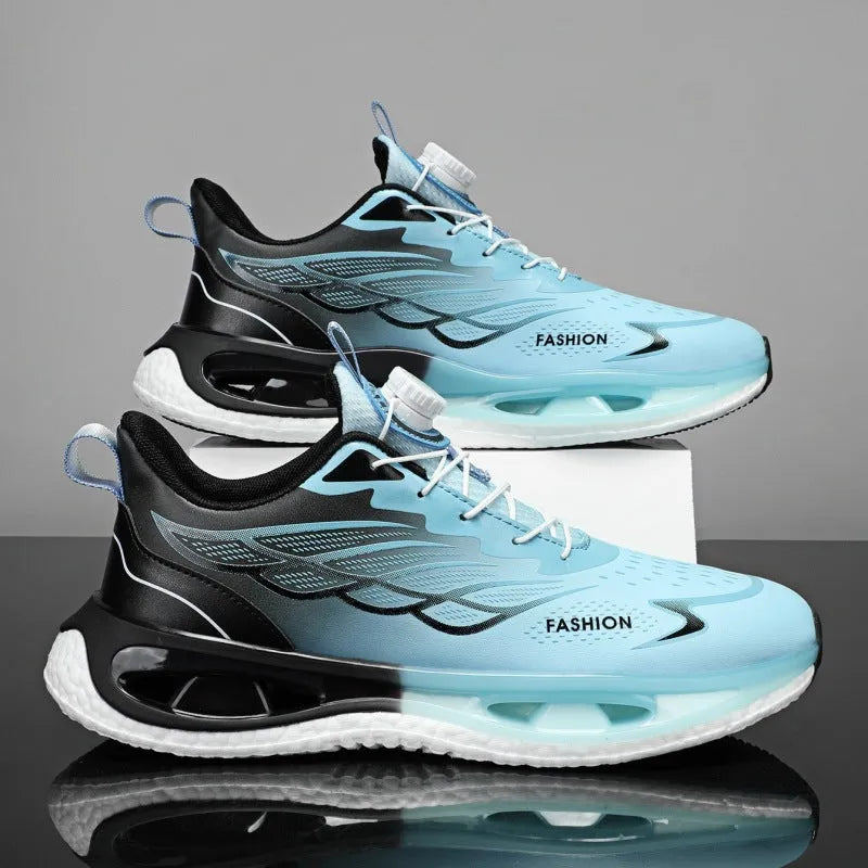 Youth casual sneaker with rotating button fastening in light blue mesh with shock-absorbing sole