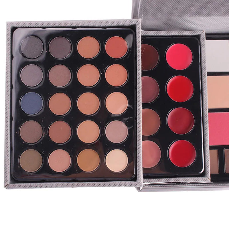 Professional 94 colour eyeshadow palette makeup kit with matt and pearl shades, concealers, lipsticks, and applicators in a two-layer case