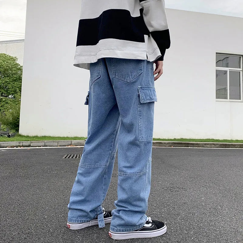 Men's wide leg linen jeans with wave dots pattern in black, dark blue, light blue