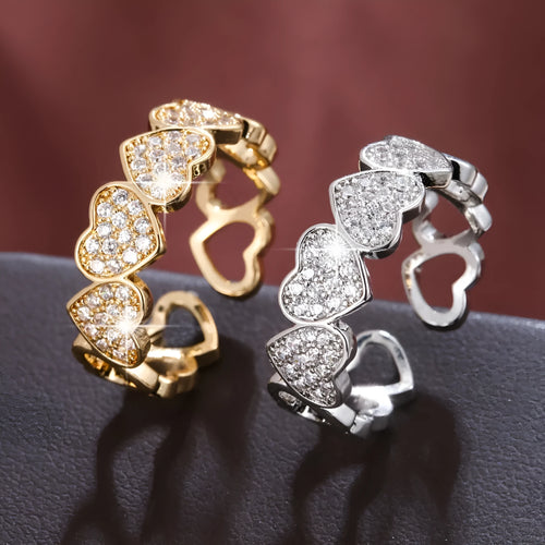 Adjustable opening gold colour couples ring with love heart design and diamond texture