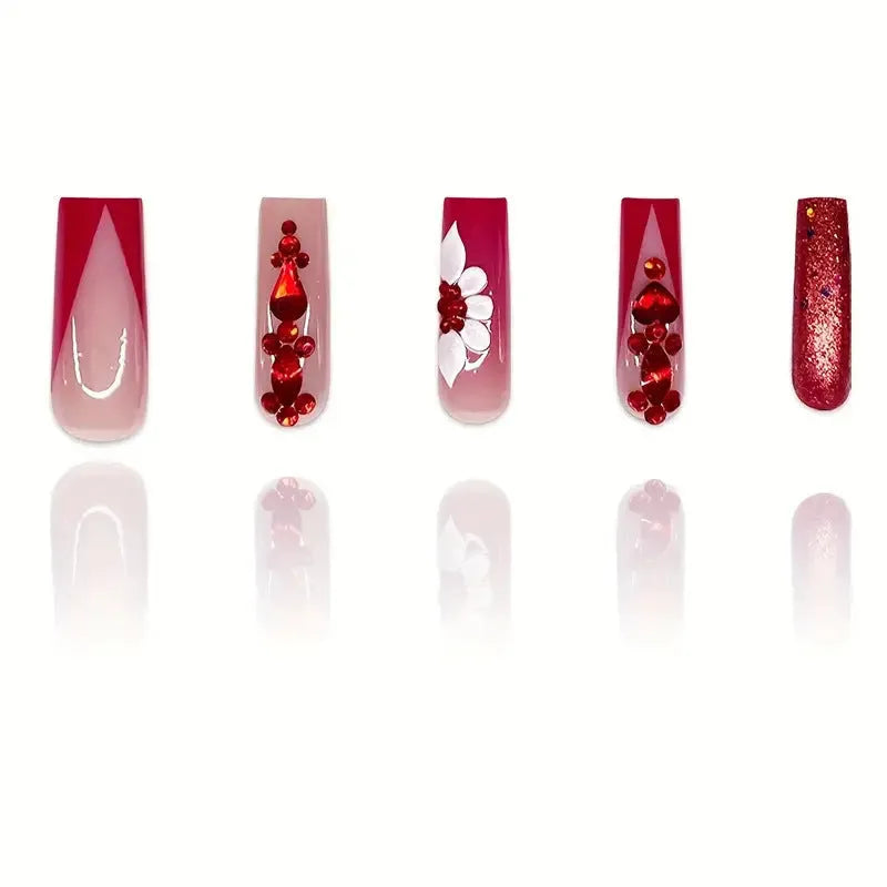 Sweet flower design fake nails with red diamond decoration in European square shape