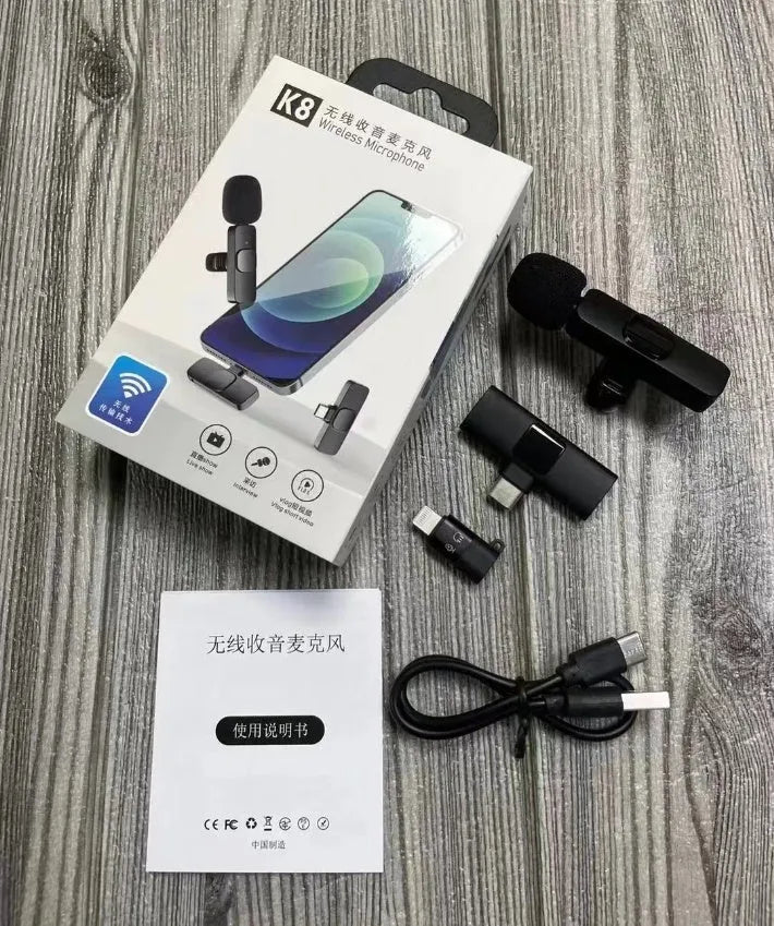 Wireless collar clip microphone for outdoor video recording with multiple interface options