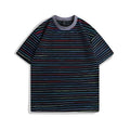Colour striped loose fit half sleeve t-shirt on a hanger, showing apricot, black, yellow, grey, and pink colour options.