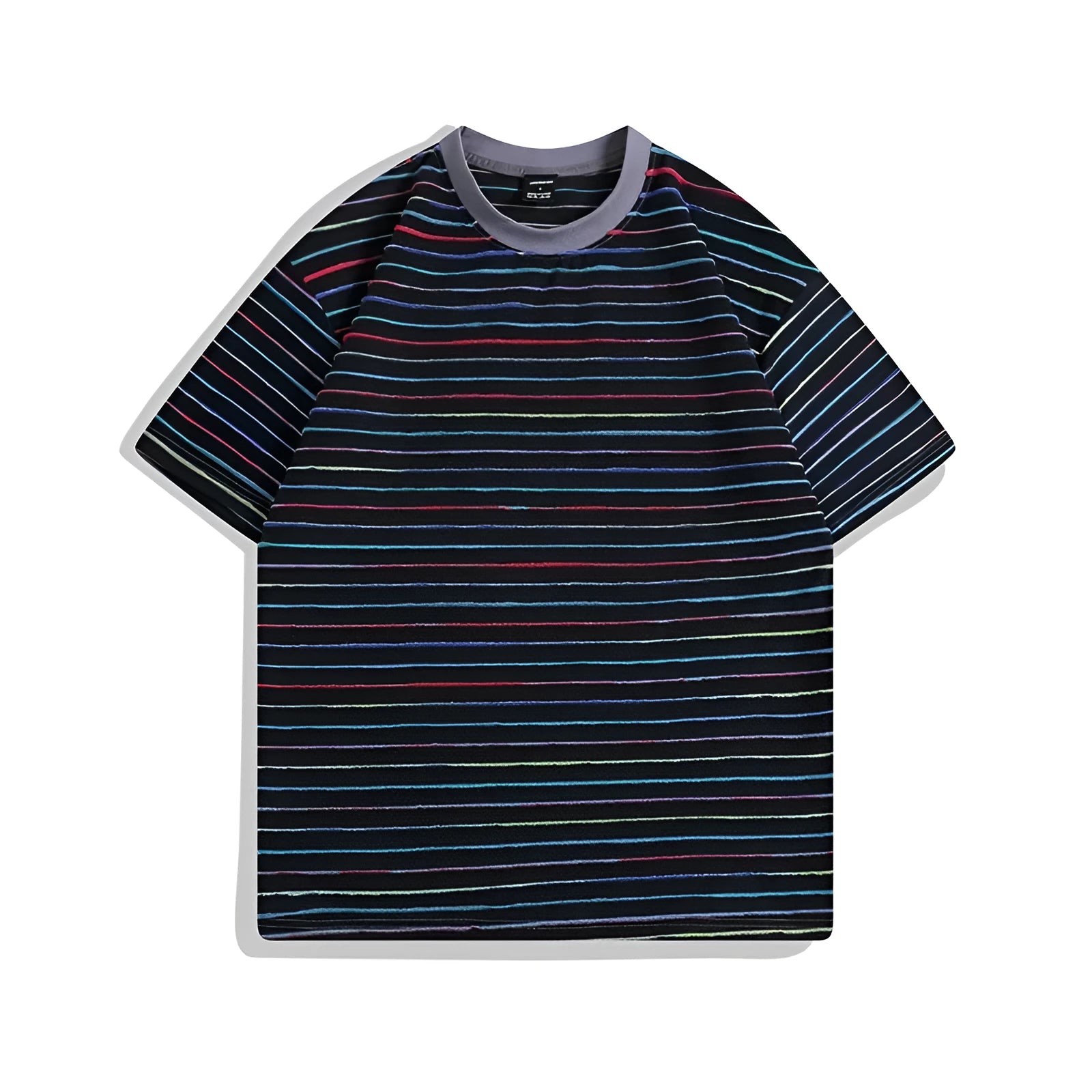 Colour striped loose fit half sleeve t-shirt on a hanger, showing apricot, black, yellow, grey, and pink colour options.