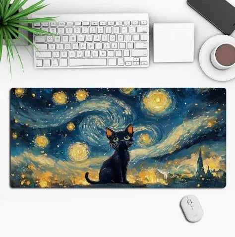 Custom anime graphic gaming mouse pad with non-slip rubber base on a wooden desk.