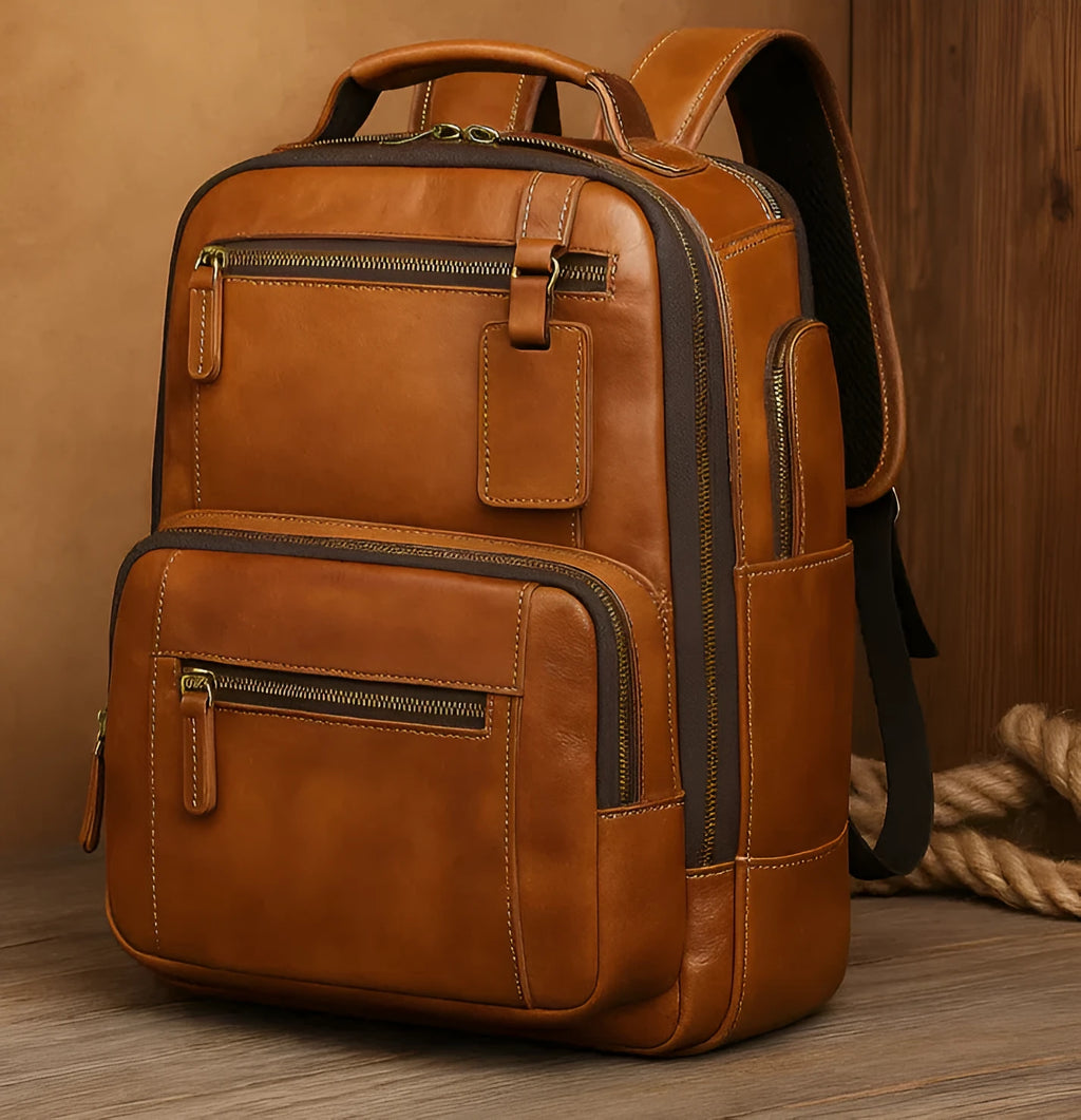 Bronze real leather backpack with laptop pocket and structured design for business use