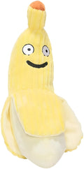 Yellow banana-shaped cat toy with crinkle paper and plush fabric for chewing and kicking