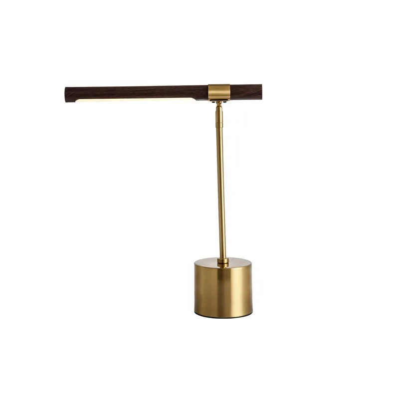 Nordic wood grain desk lamp with iron holder on a white surface, showing warm light and white light modes