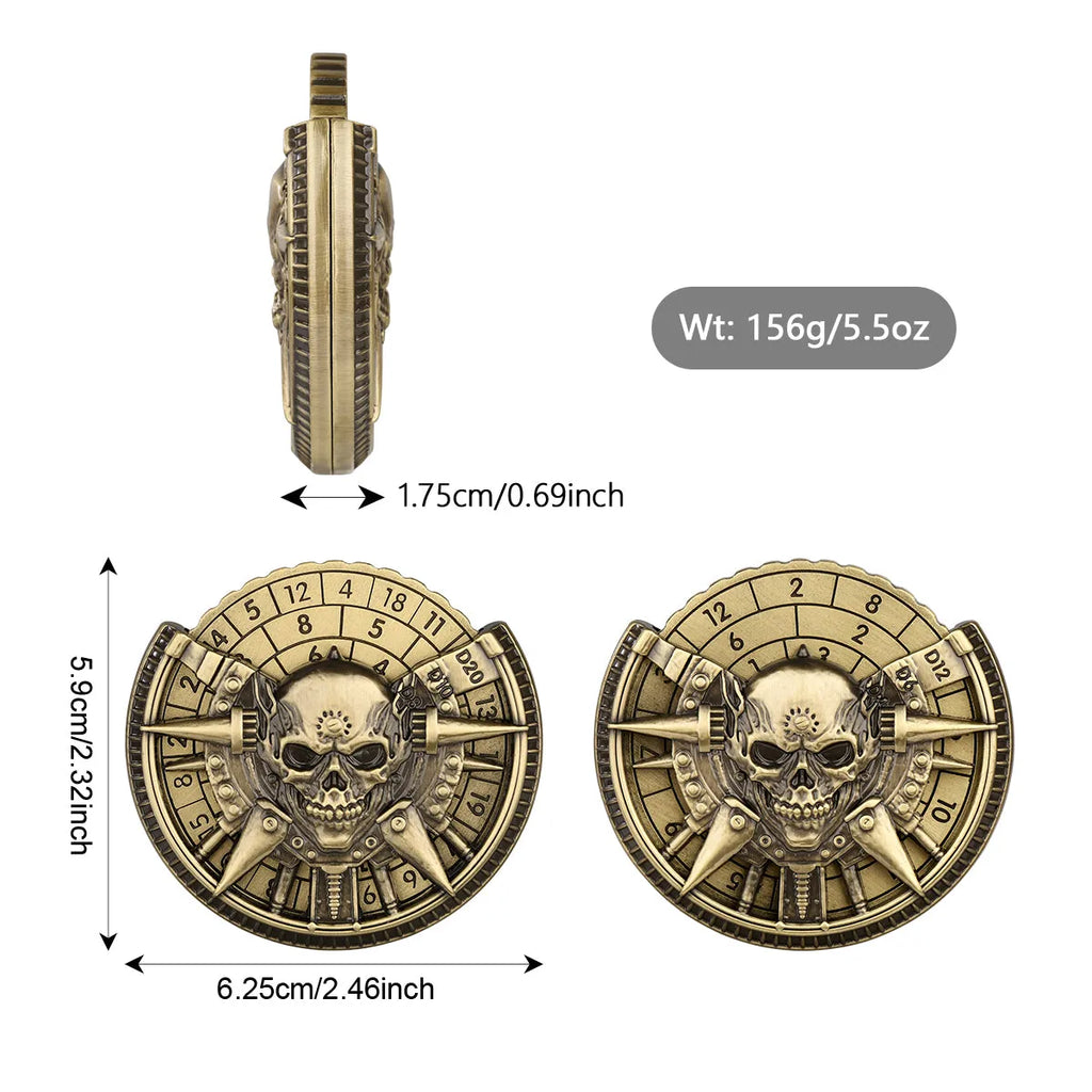 Skeleton metal wheel dice gift box with bronze D20 and D10 dice on a dark tabletop