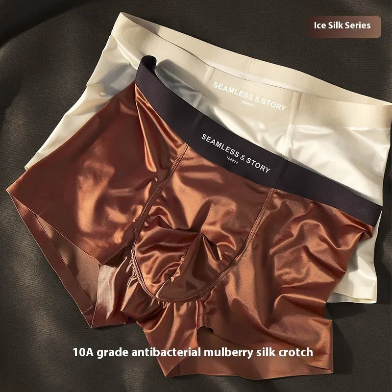 Ice silk men's underwear in mid waist design showing traceless fit and satin weave texture