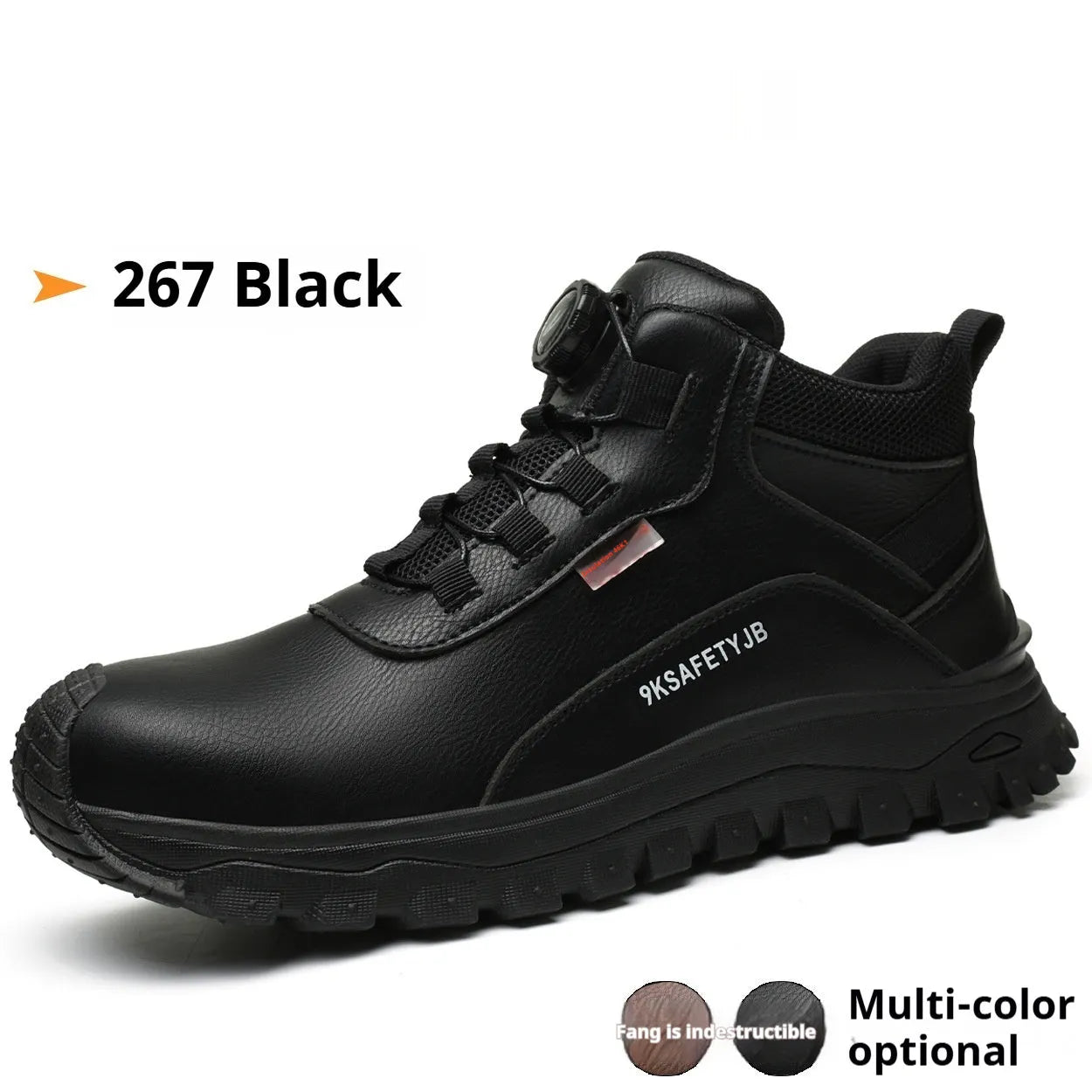 Flyknit leather work shoes with a rubber sole in black, shown on a size 42 foot.