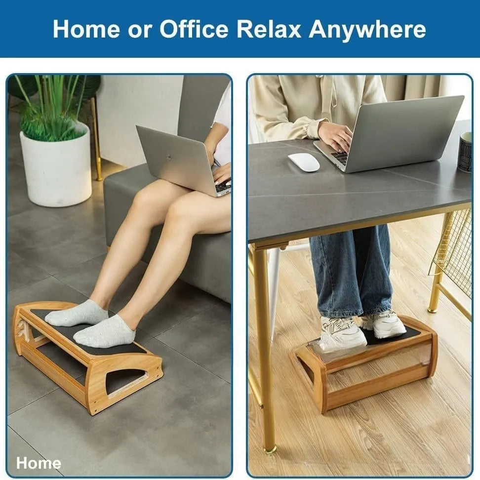 Wooden adjustable bamboo footstool in natural wood colour for office desk use.