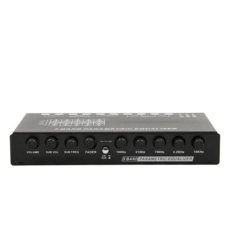 Car audio equaliser with front panel controls showing frequency bands and volume adjustments